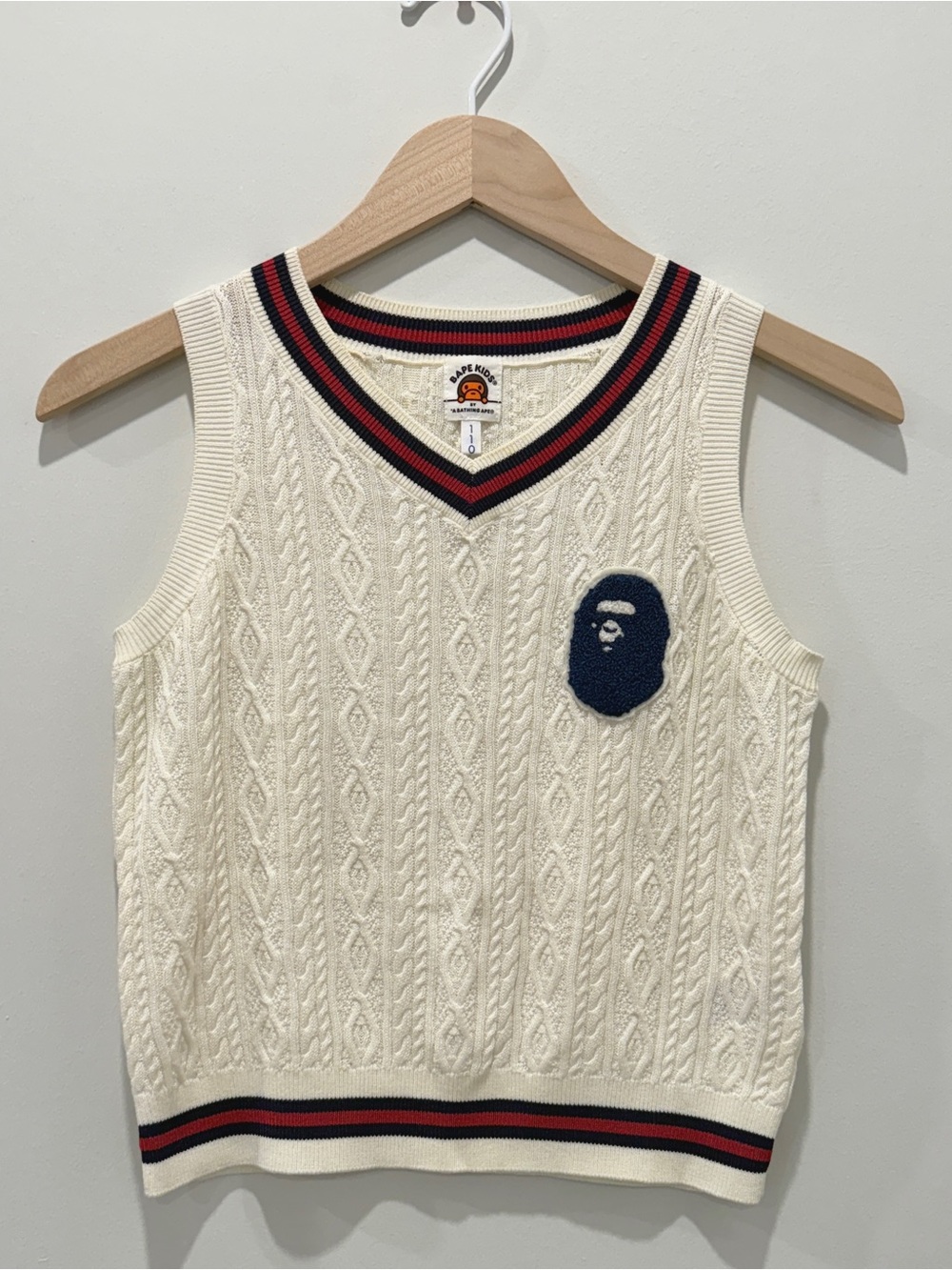 Bape Baby Milo Cream Cable Knit Sleeveless Sweater Vest with Navy Patch